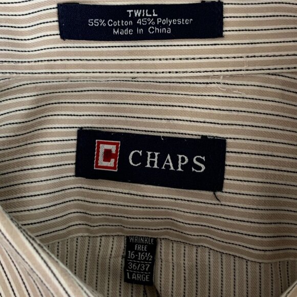 Chaps Mens Shirt Large 16-16.5 Tan Stripe Long Sleeve Button Down Wrinkle Free - Picture 3 of 7